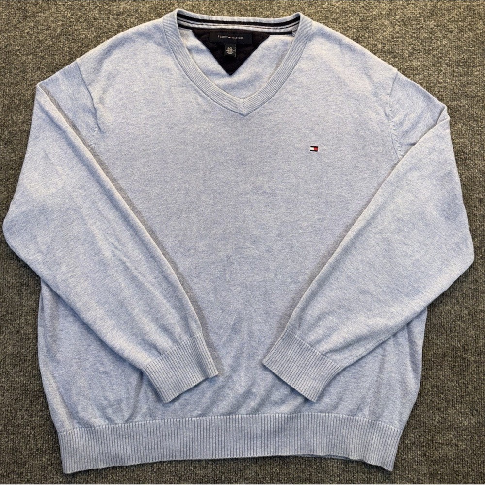 Tommy Hilfiger Men's Large Blue V-Neck Cotton Sweater Pullover Flag Logo